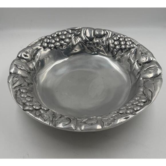 unknown Other - Vintage Solid Mexican Pewter 14-3/4” Fruit Grapes Apples Centerpiece Bowl